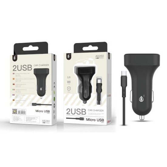 ONE PLUS A6260 CAR LIGHTER CHARGER WITH MICRO USB CABLE, 2USB, 2.4A PRETO ( 2002172 )